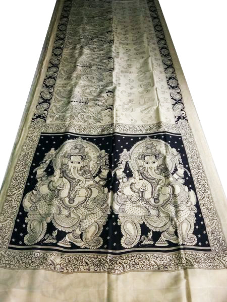 Black and White Kalamkari Hand Painted Chennur Silk Saree-KPCHS-039
