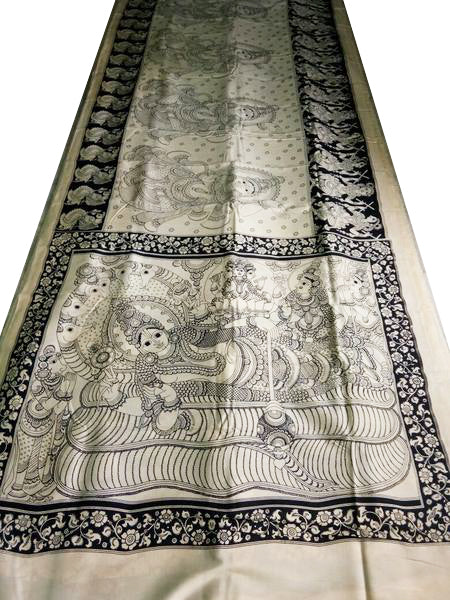 Monochrome Vishnu Hand-Painted Chennur Silk Kalamkari Saree
