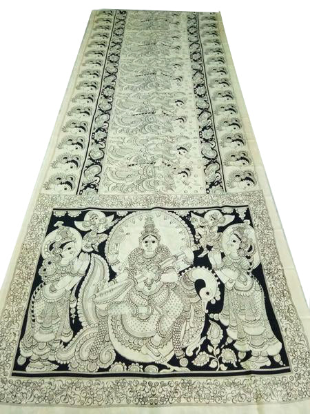 Monochrome Saraswati Hand-Painted ornate Chennur Silk Kalamkari Saree
