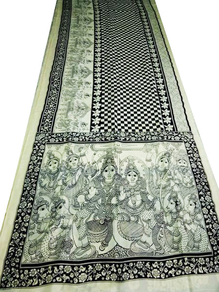 Monochrome Oriental Radha-Krishna Hand-Painted on Chennur Silk Kalamkari Saree