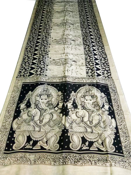 Monochrome Ganesha Hand-Painted Chennur Silk Kalamkari Saree