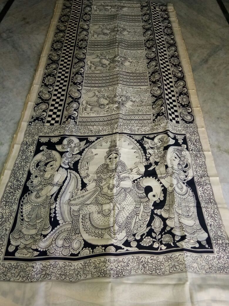 Black and White Kalamkari Printed Chennur Silk Saree-KPCHS-051