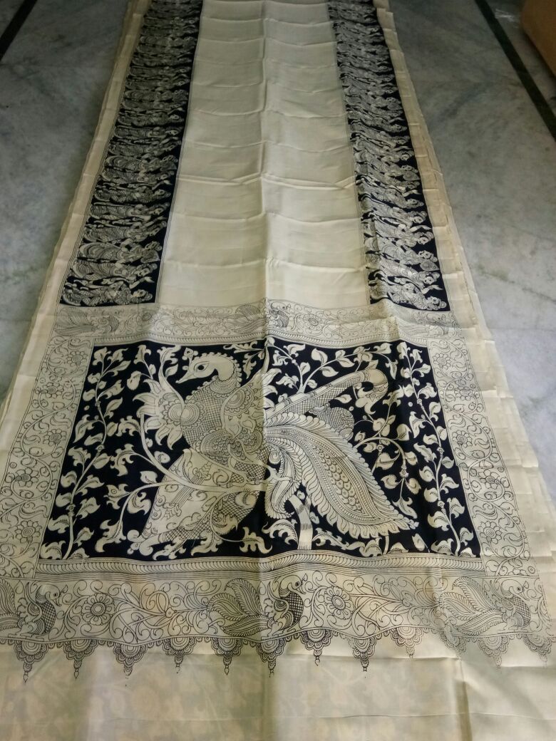 Black and White Kalamkari Printed Chennur Silk Saree-KPCHS-063