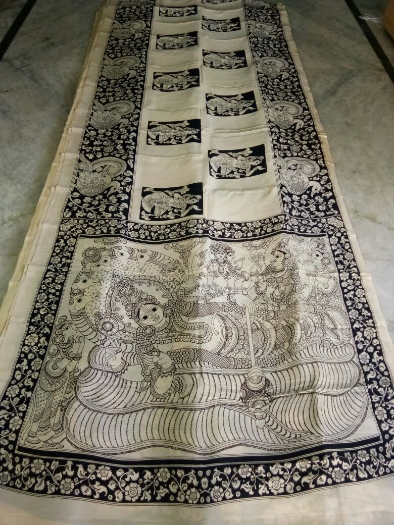 Black and White Kalamkari Printed Chennur Silk Saree-KPCHS-064