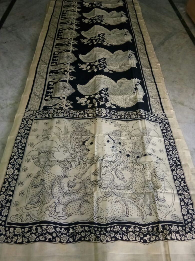Black and White Kalamkari Printed Chennur Silk Saree-KPCHS-067