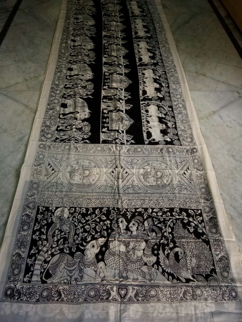 Black and White Kalamkari Printed Chennur Silk Saree-KPCHS-072