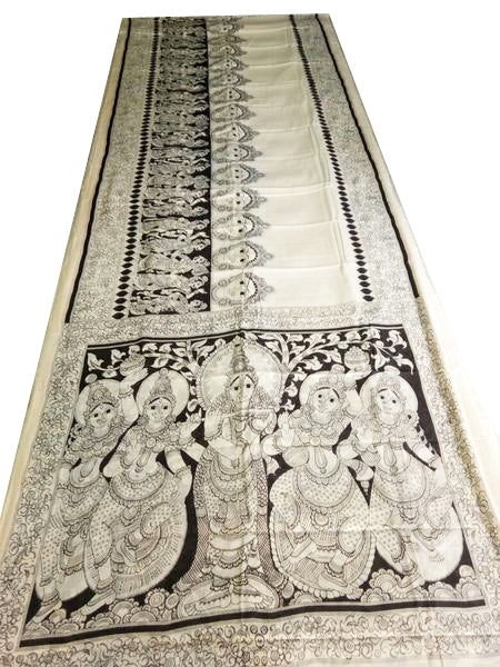 Black and White Kalamkari Hand Painted Mul-Mul Cotton Saree-KPMCS-036