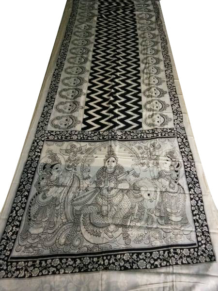 Monochrome Goddess Saraswati Kalamkaari Hand-Painted Mal-Mal Cotton Saree