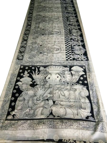 Monochrome Oriental Radha-Krishna Hand-Painted Mal-Mal Cotton Kalamkari Saree
