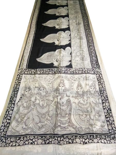 Black and White Kalamkari Hand Painted Mul-Mul Cotton Saree-KPMCS-043