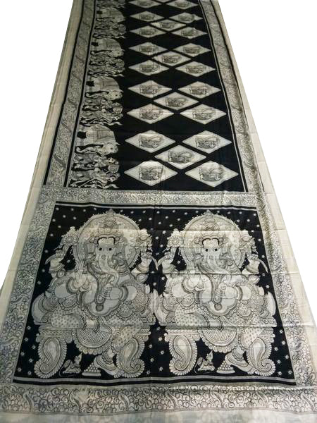 Monochrome Ganesh Hand-Painted Mal-Mal Cotton Kalamkari Saree