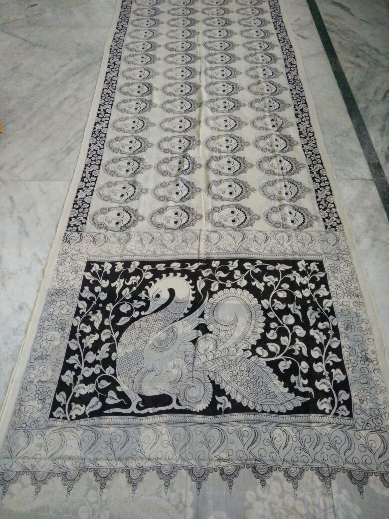 Black and White Kalamkari Printed Mal Cotton Saree-KPMCS-048