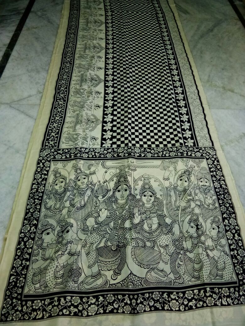 Black and White Kalamkari Printed Mal Cotton Saree-KPMCS-055
