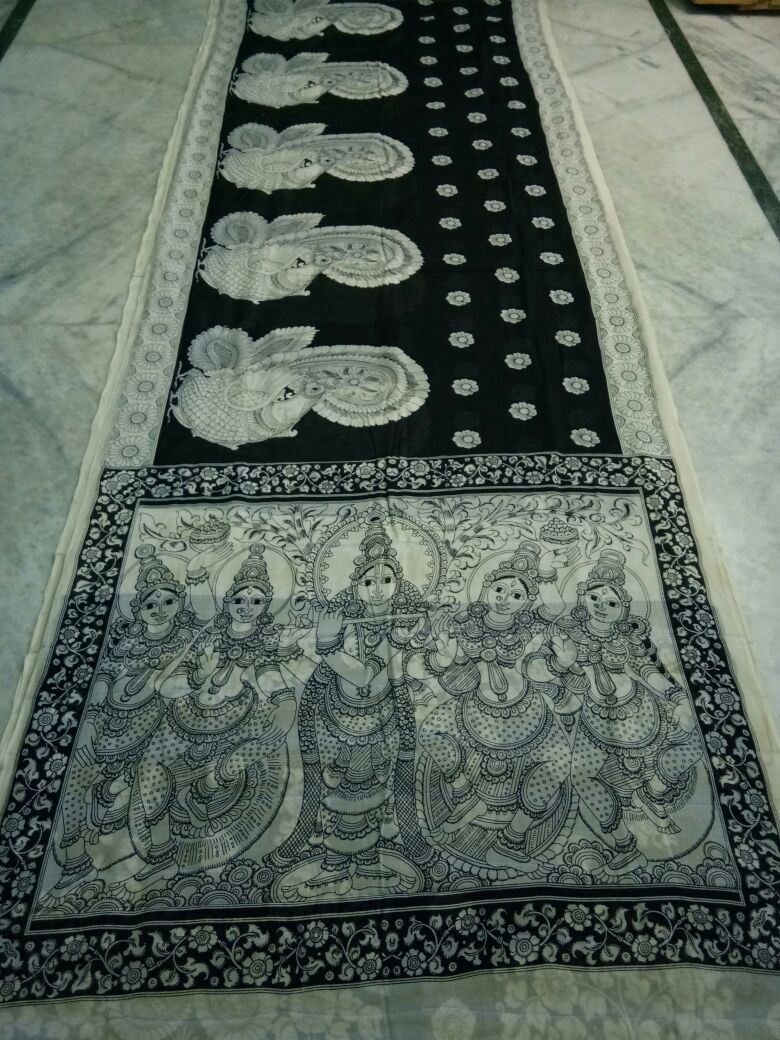 Black and White Kalamkari Printed Mal Cotton Saree-KPMCS-056