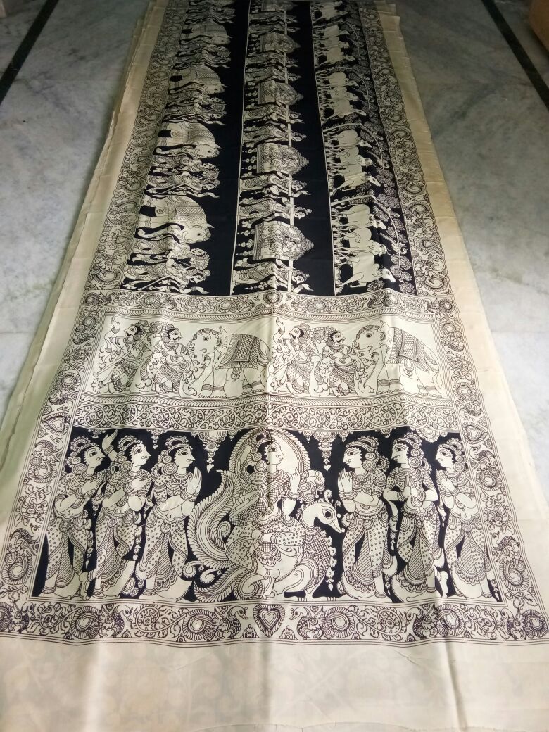 Black and White Kalamkari Printed Mal Cotton Saree-KPMCS-060