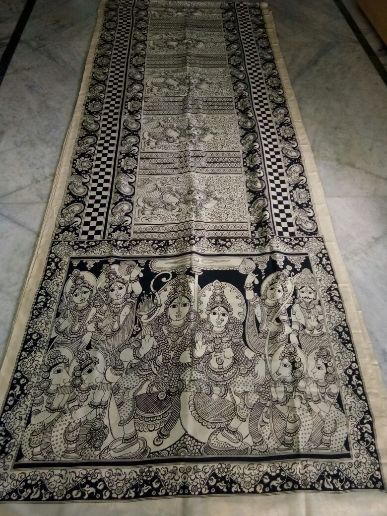 Black and White Kalamkari Printed Mal Cotton Saree-KPMCS-065