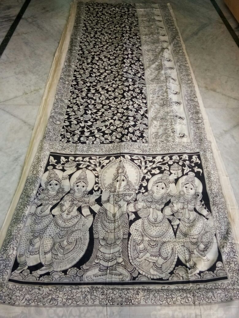 Black and White Kalamkari Printed Mal Cotton Saree-KPMCS-066