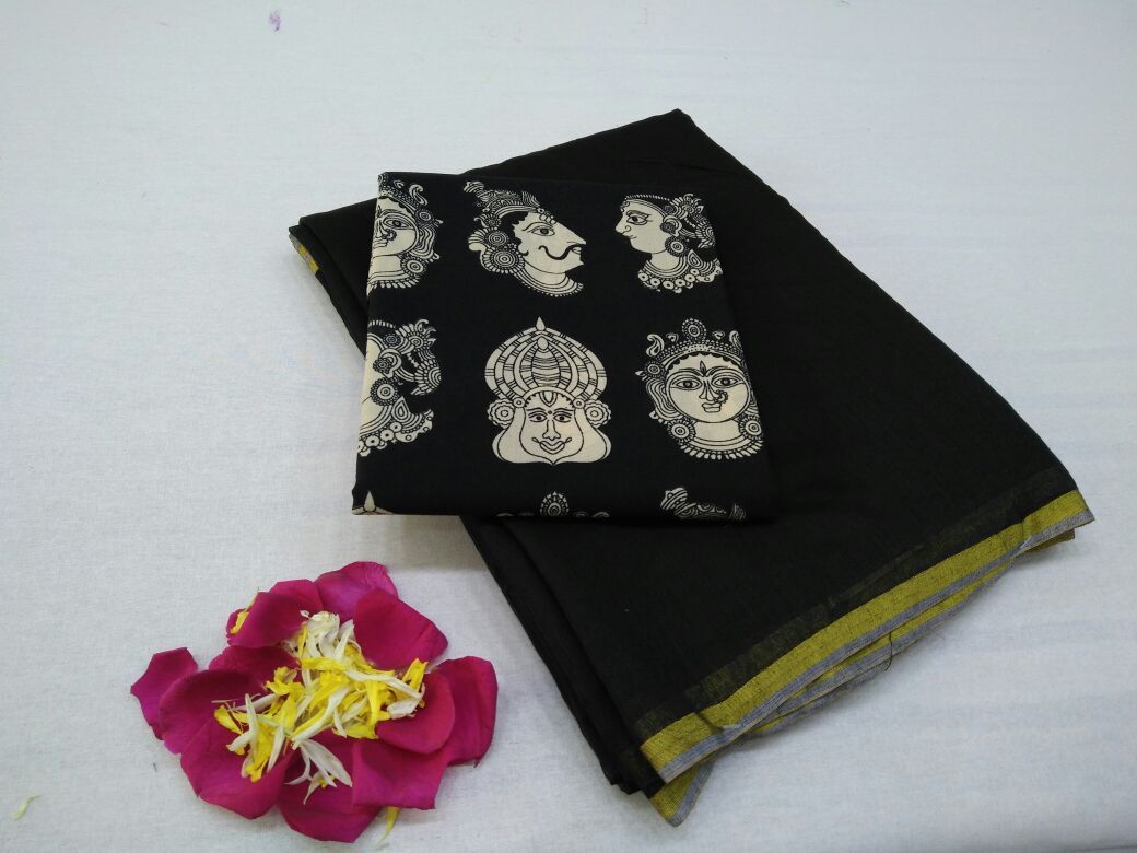 Black with Face Designed Blouse Fancy Cotton Saree-SRE-755