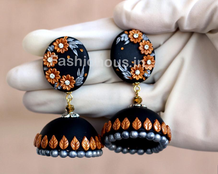 Black with Golden Floral Jhumka-ZAPCJH-017
