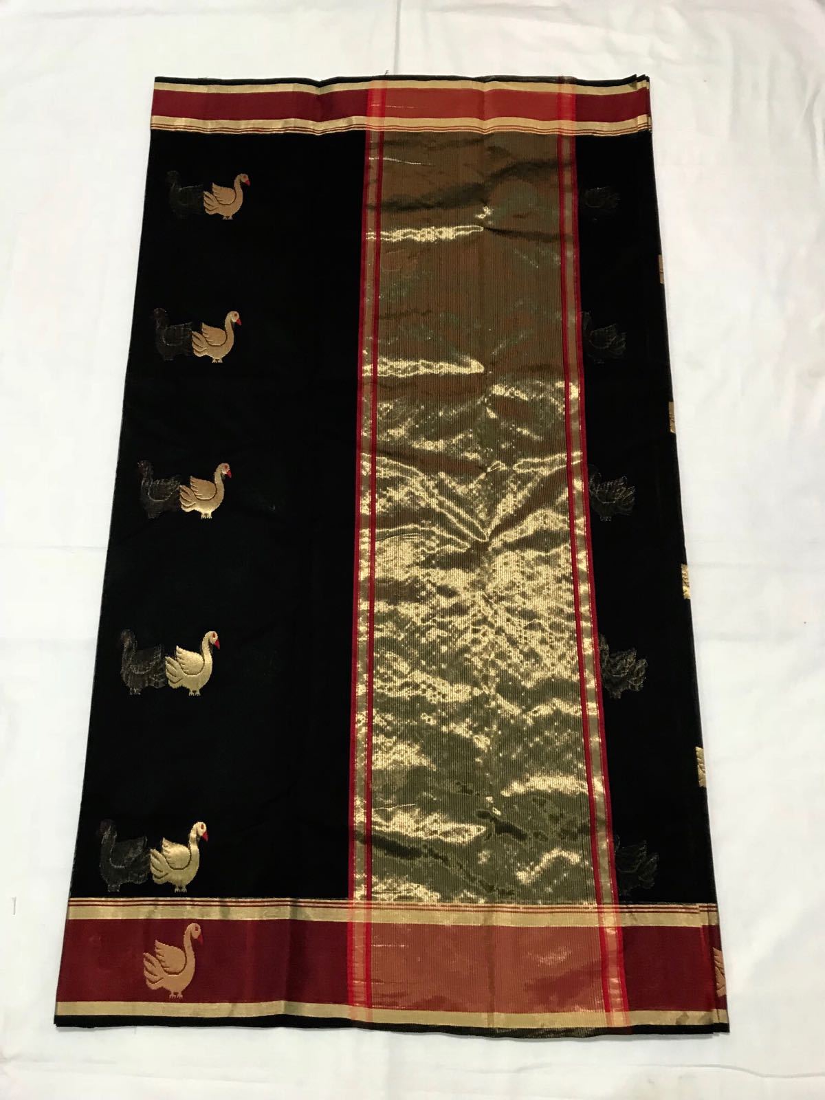 Black with Golden Hamsa Bird Designed Maroon Border Chanderi Silk Saree