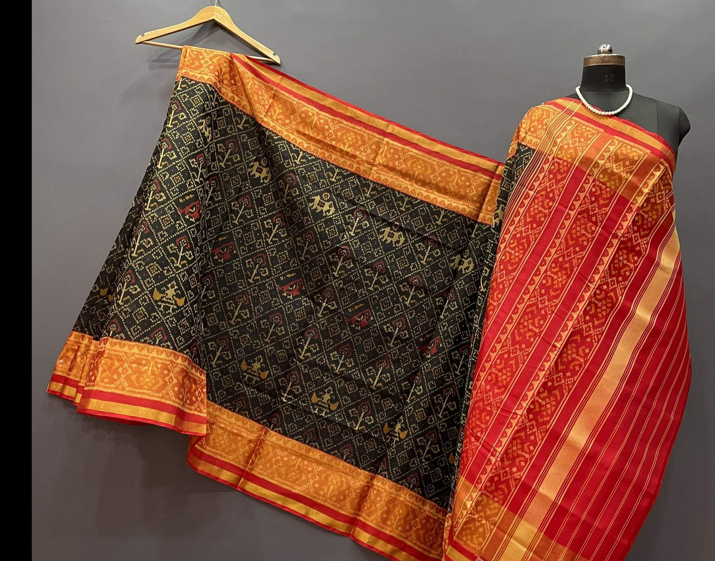 Black with Orange Pure Silk Patola Saree