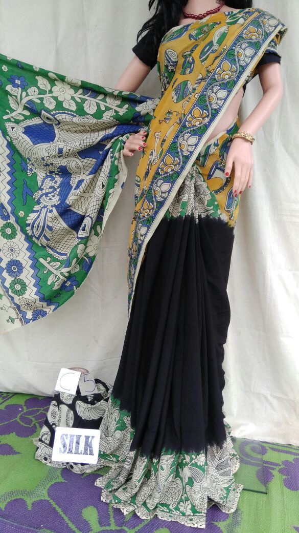 Black with Patil Pallu Silk Kalamkari Saree-KALAMKARI-0009