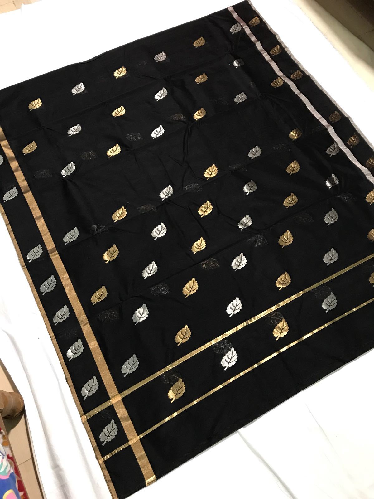 Black with Silver and Golden Leaf Designed Chanderi Silk Saree