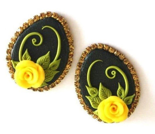 Black with Yellow Rose Polymer Clay Earrings