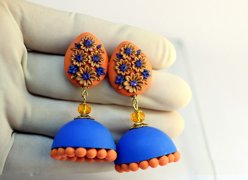Blue & Orange Floral Polymer Clay Jhumka