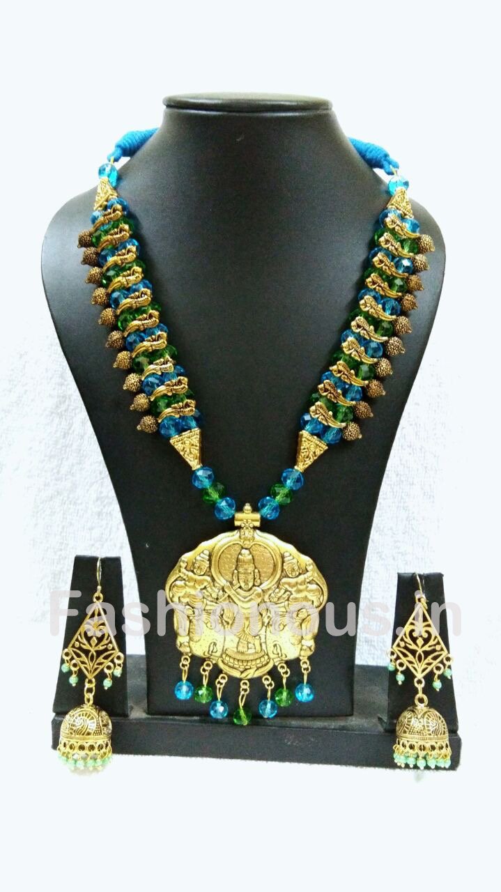Blue And Green Crystal With Golden Oxidized KRISHANA Pendant And Earrings-OXDJSW-017