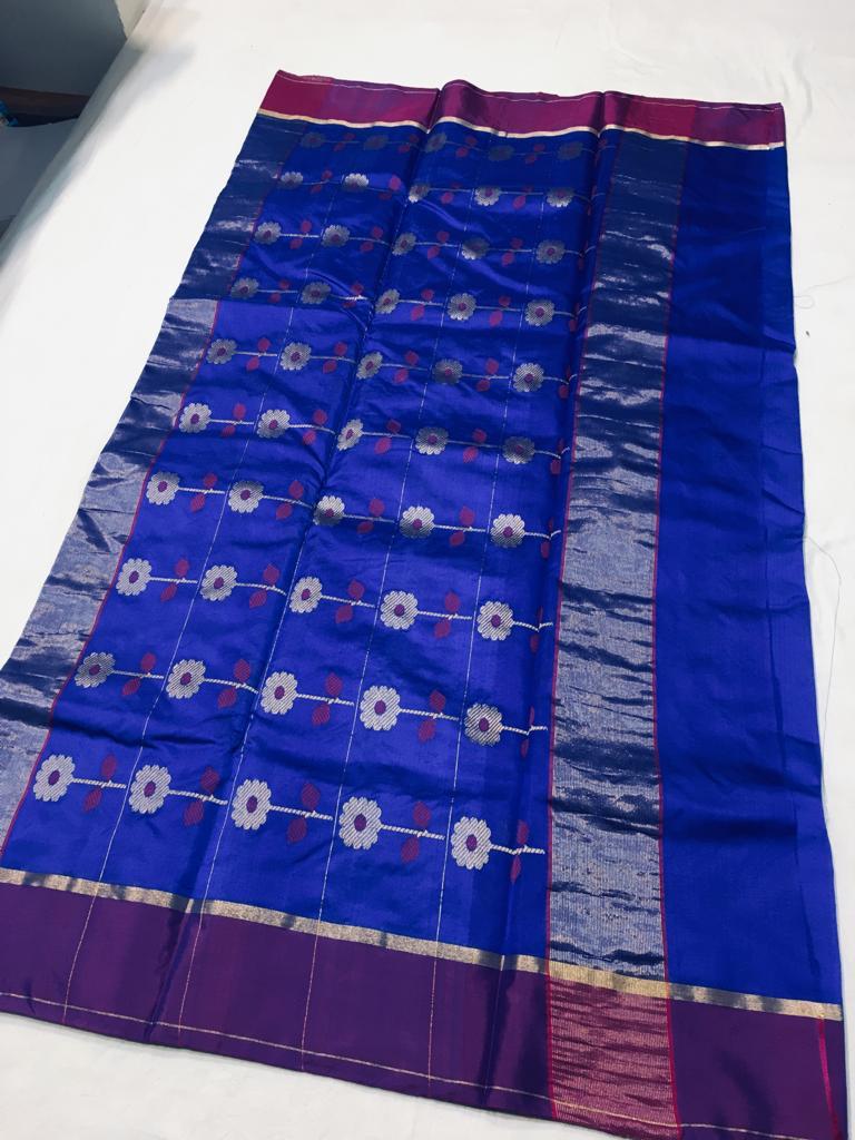 Blue Chanderi Silk Saree With Magenta Border- CSH056
