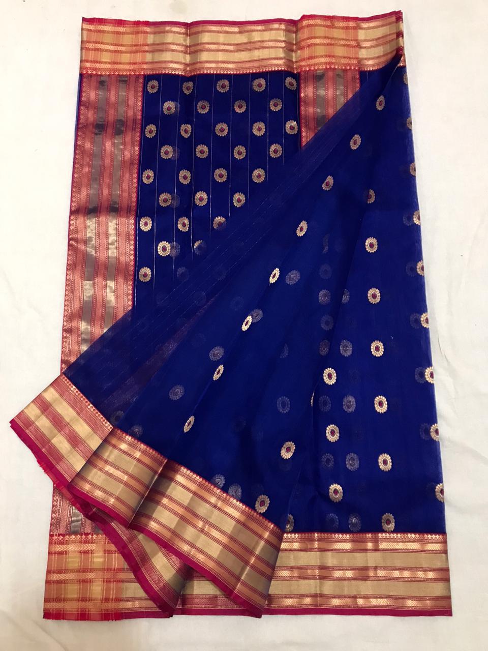Blue Chanderi Silk Saree With Gold Border- CSH043