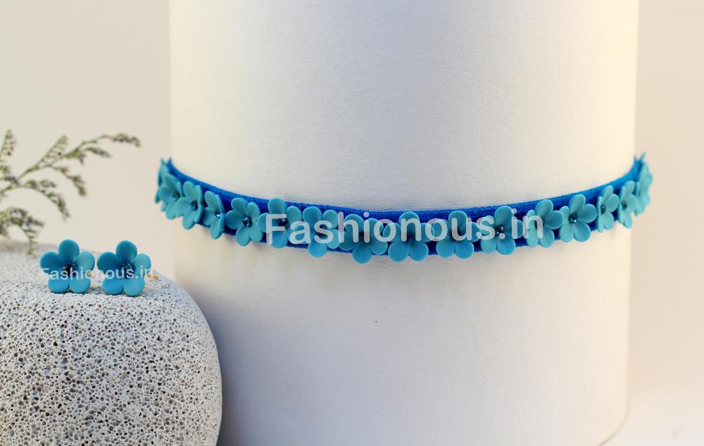 Blue Floral Choker and Studs-ZAPCNS-019