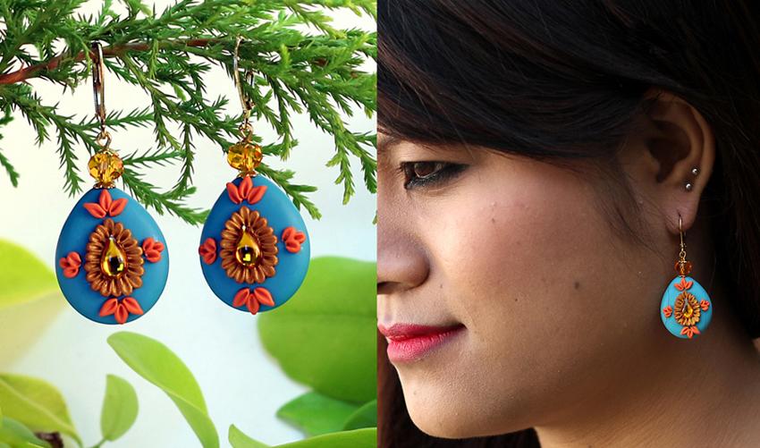 Blue Floral Droplet Polymer Clay Earrings-ZAPCJH-038