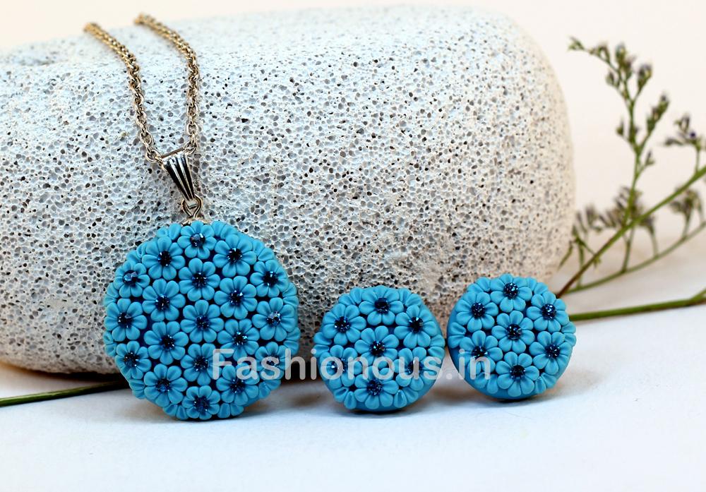 Blue Floral Embroidery Polymer Clay Necklace and Earrings – Fashionous