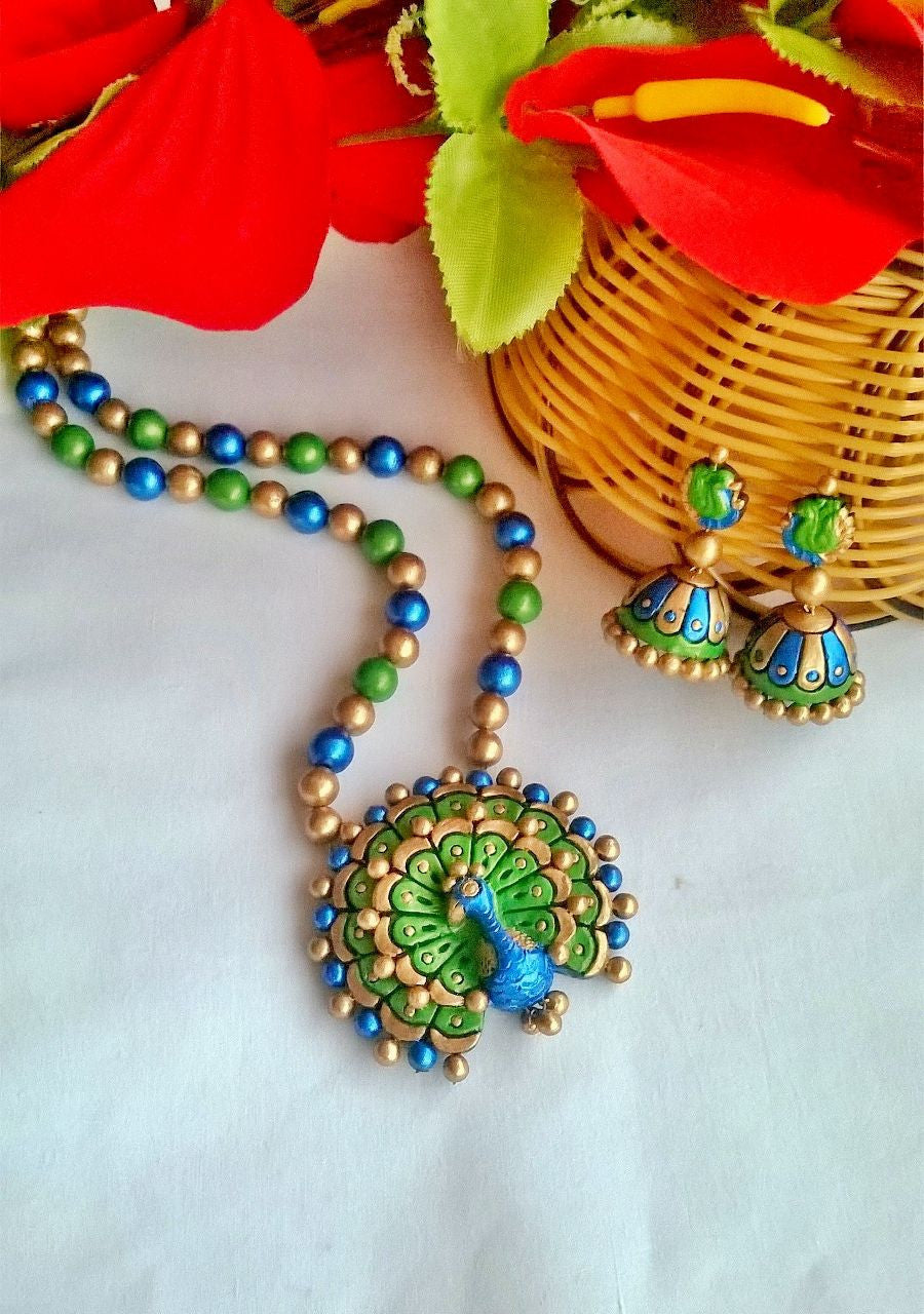 Blue & Green Dancing Peacock Terracotta Jewellery Set
