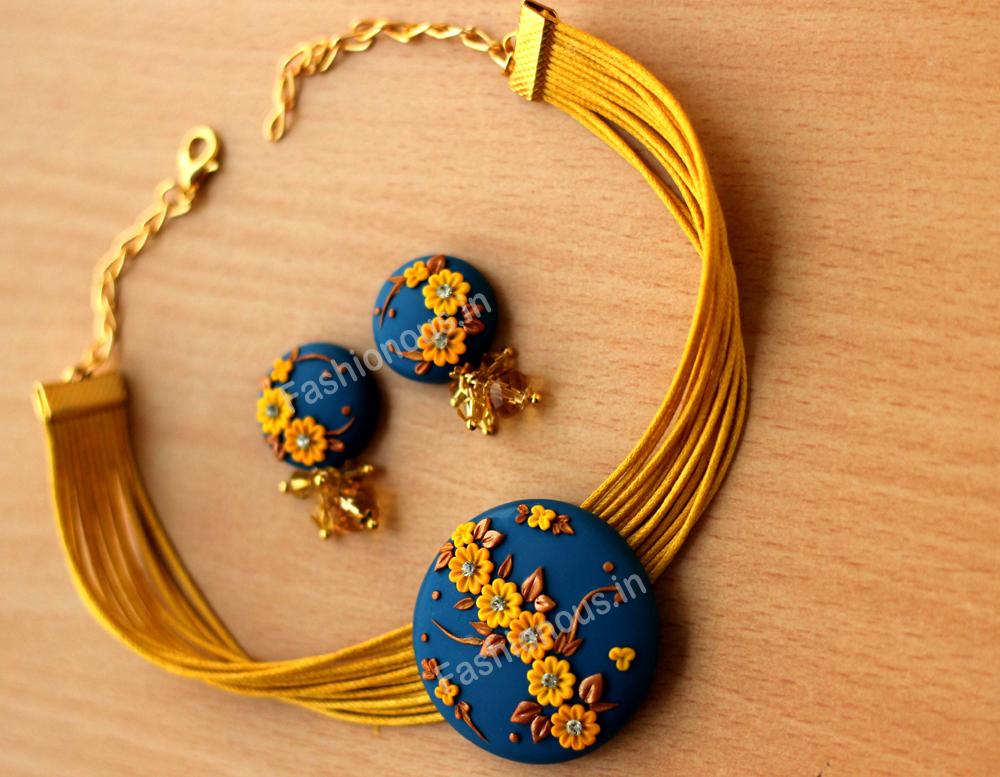 Blue Mustard Floral Choker and Earrings-ZAPCNS-044