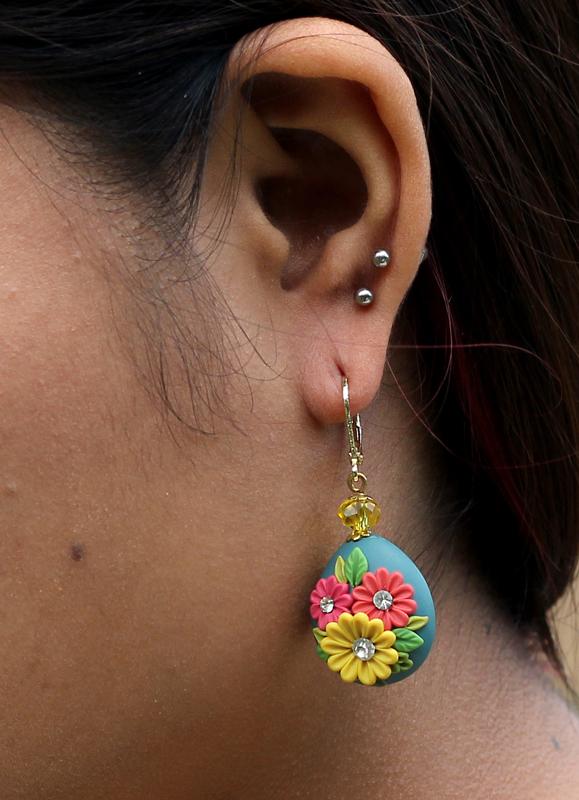 Blue Muti Floral Droplet Polymer Clay Earrings-ZAPCJH-044