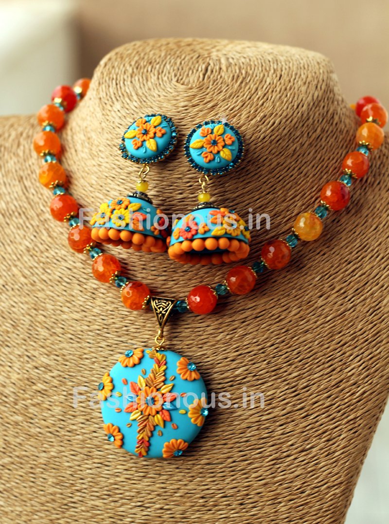 Blue Orange Floral Polymer Clay Pendant with Semi Precious Beads and Jhumkas