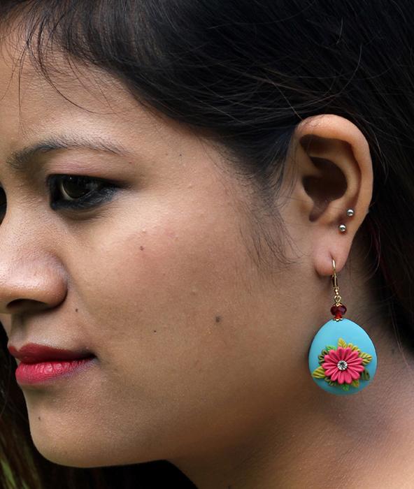 Blue Pink Floral Droplet Polymer Clay Earrings-ZAPCJH-045