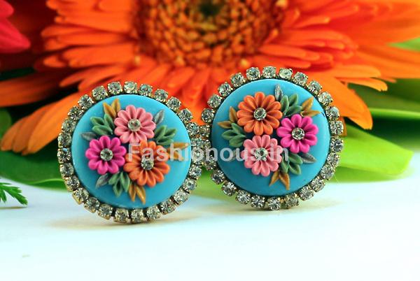 Blue Pink Rhinestone Floral Polymer Clay Studs-ZAPCJH-051