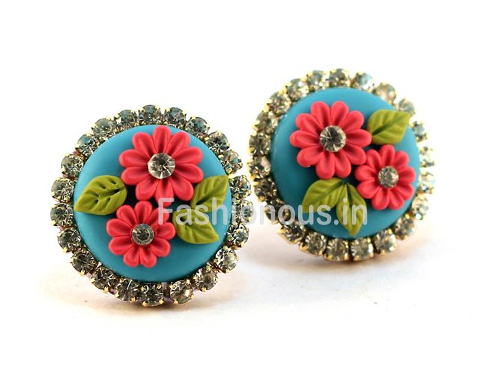 Blue Rhinestone Floral Polymer Clay Studs-ZAPCJH-055