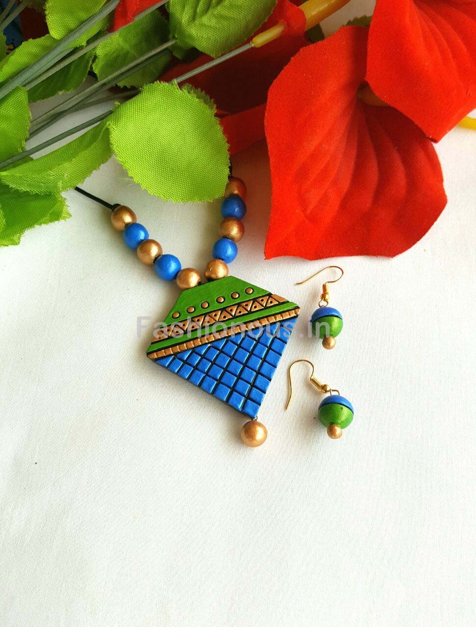 Blue Triangular Shaped Terracotta Pendant Set-TJS-030