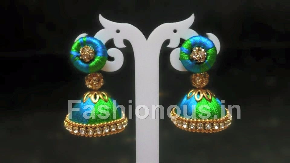 Blue and Green Silk Thread Jhumkas