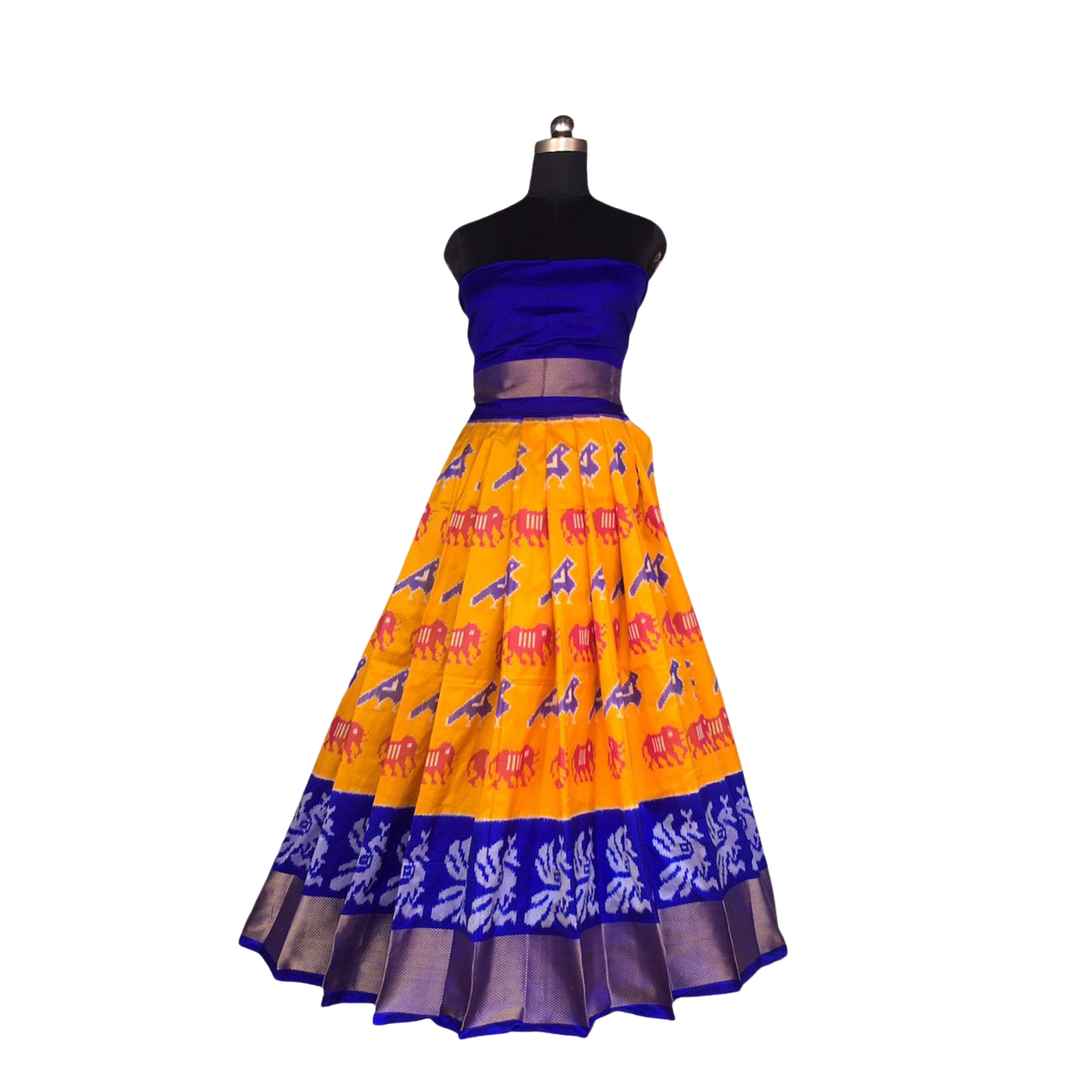 Blue and Mustard Ikkat Pure Silk Lehenga