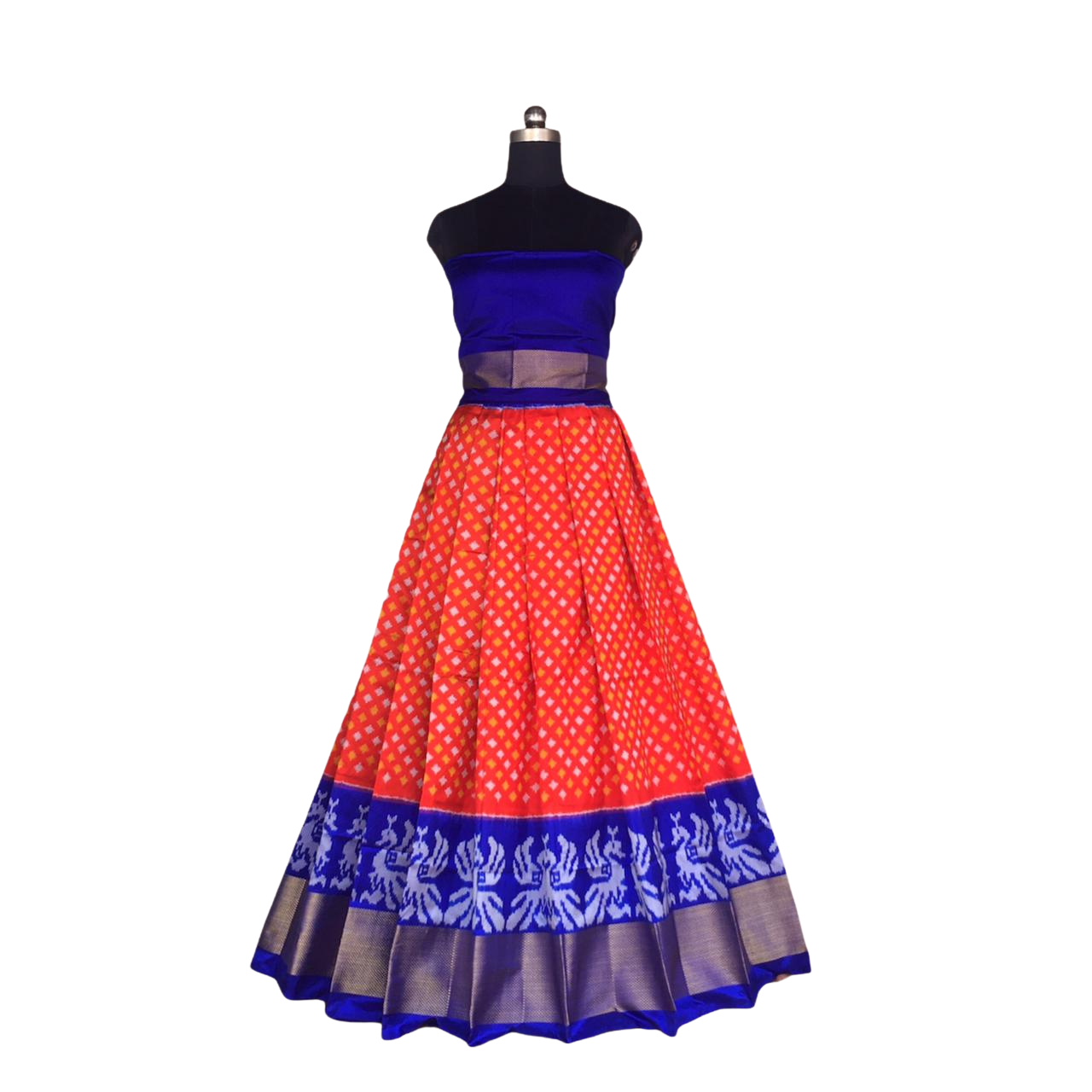 Blue and Orange Ikkat Pure Slik Lehenga