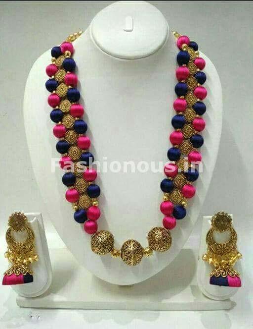 Blue and Pink Silk Balls with Antique Beaded Pendant Silk Thread Jewellery Set-STJS-049