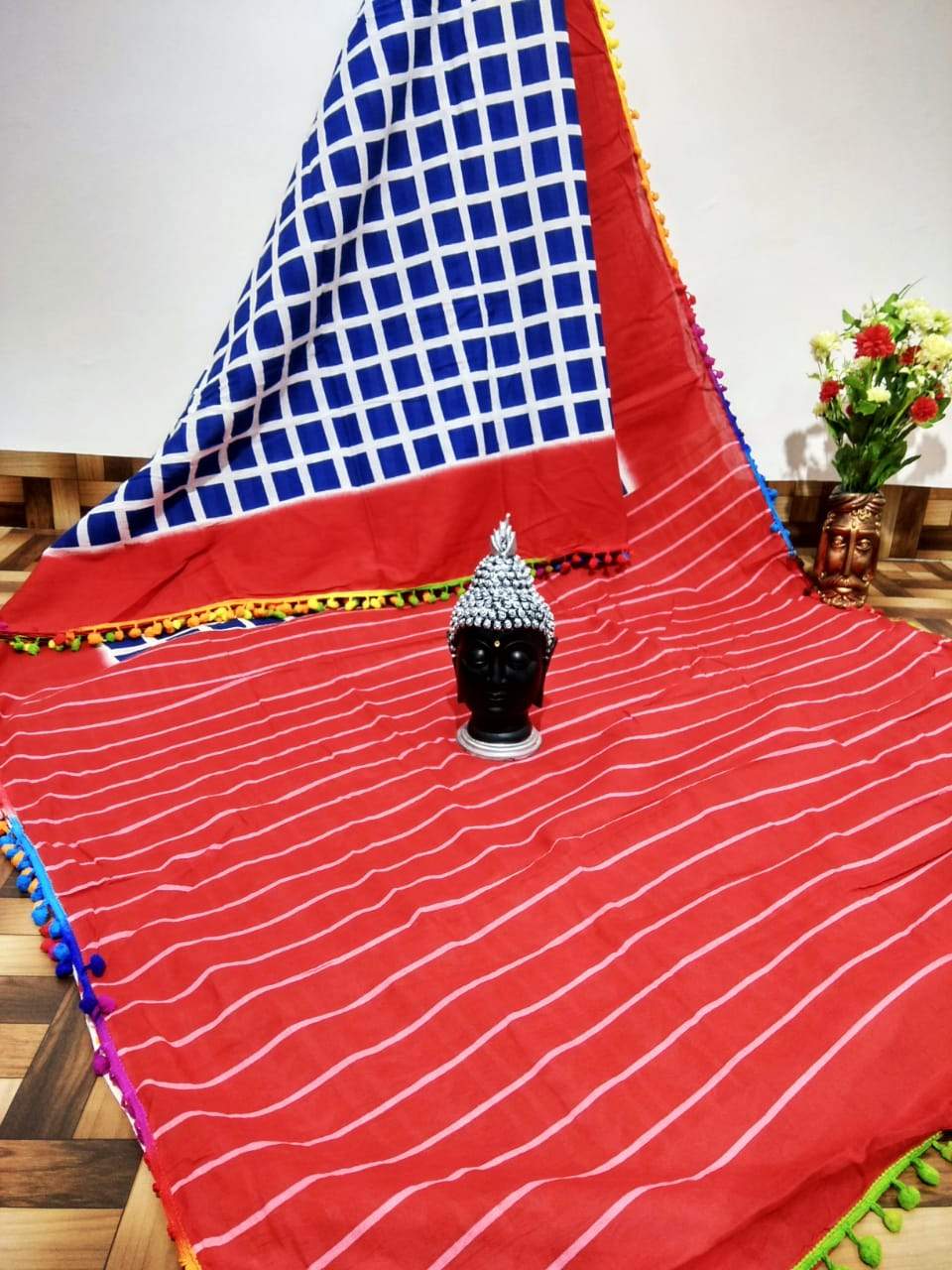 Blue and Red Soft Cotton Saree with multicoloured Pom-Pom Border-TCS031