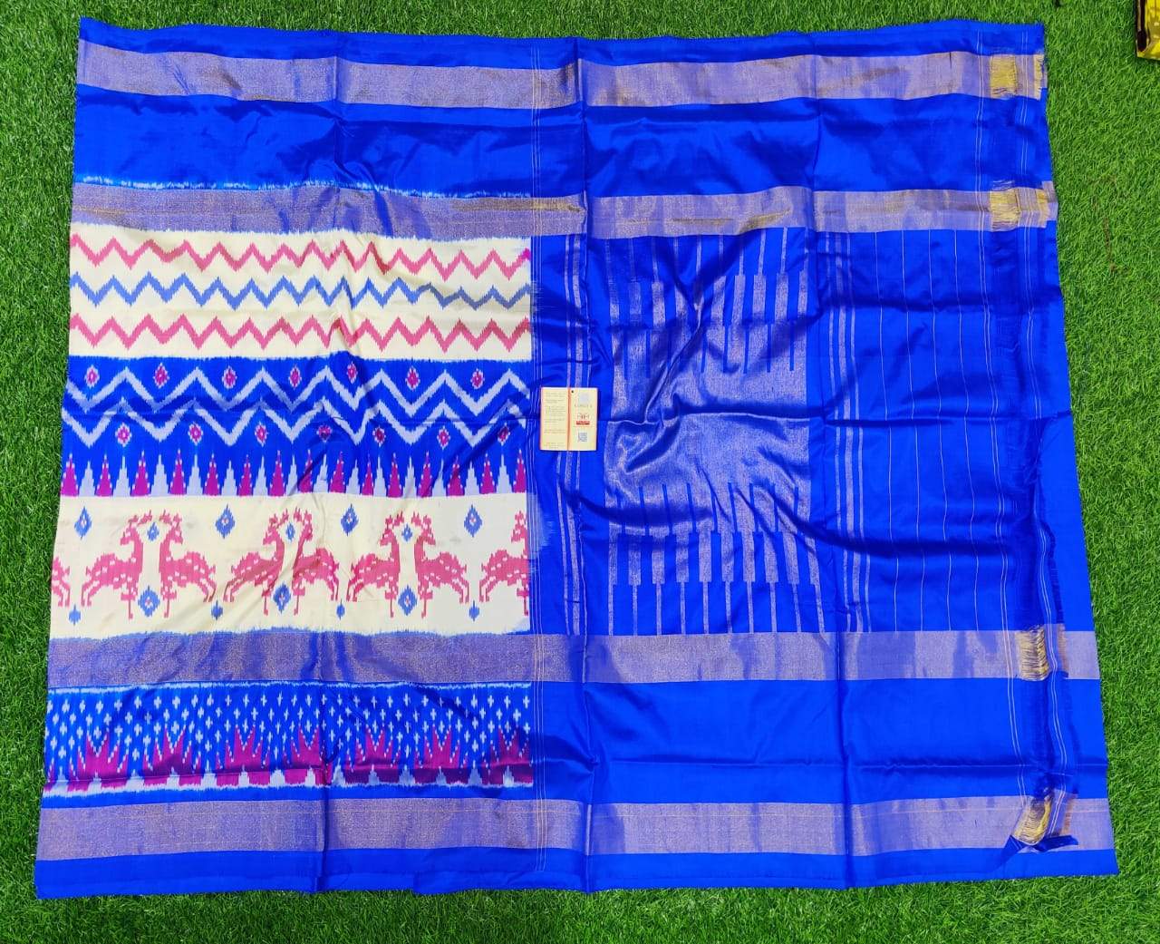 Blue and White with Deer border Ikkat Silk Saree