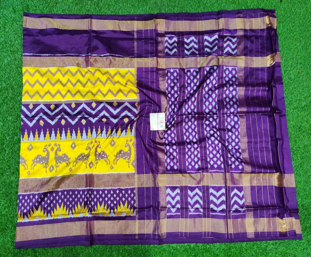 Blue and Yellow with Deer border Ikkat Silk Saree